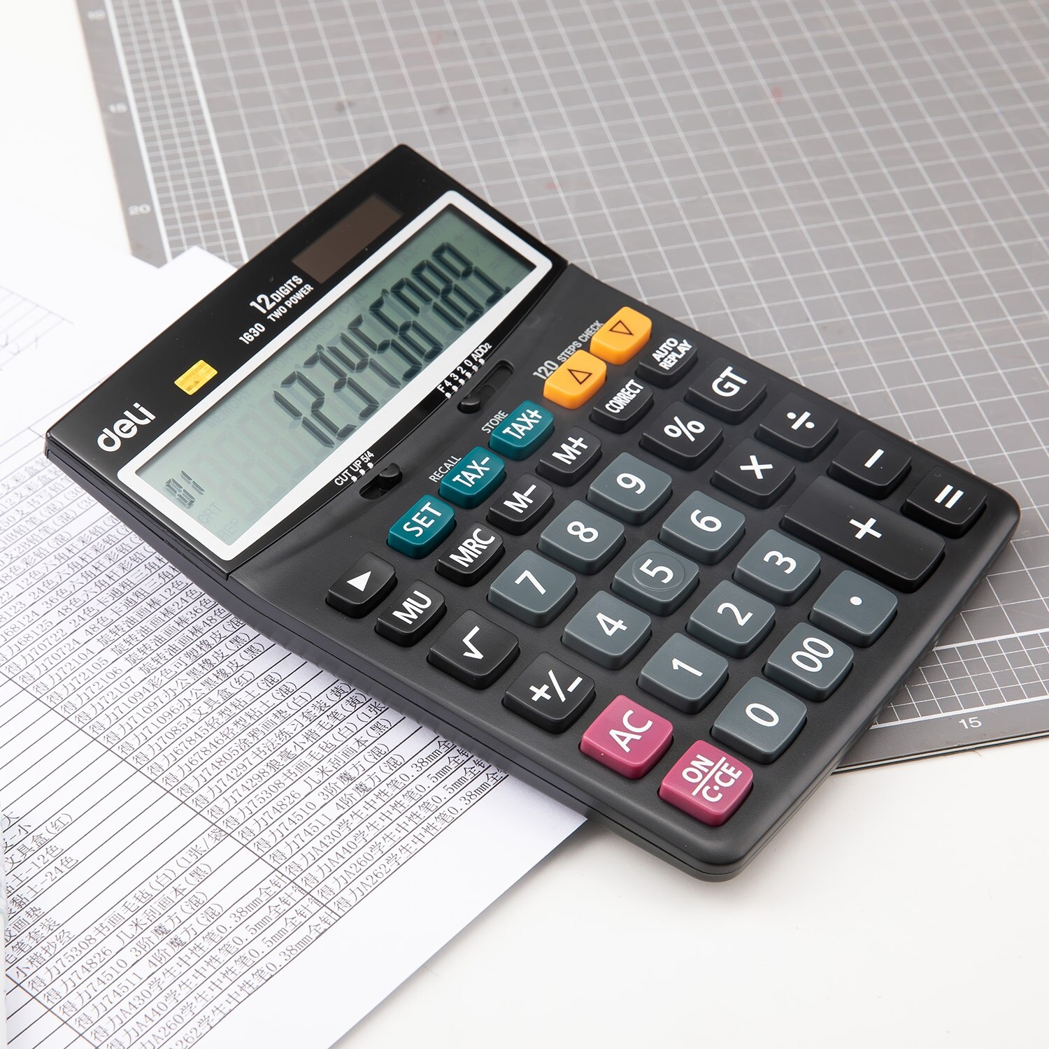 Deli Calculator Metal-12 digits, 120 steps check, tax E1630