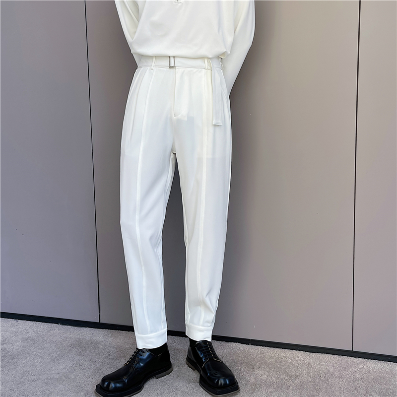 Korean Style Chic Harem Pants Men Solid Black White Man Trouser with Belt Spring Summer Tapered Ankle Length Casual Pant: L / white