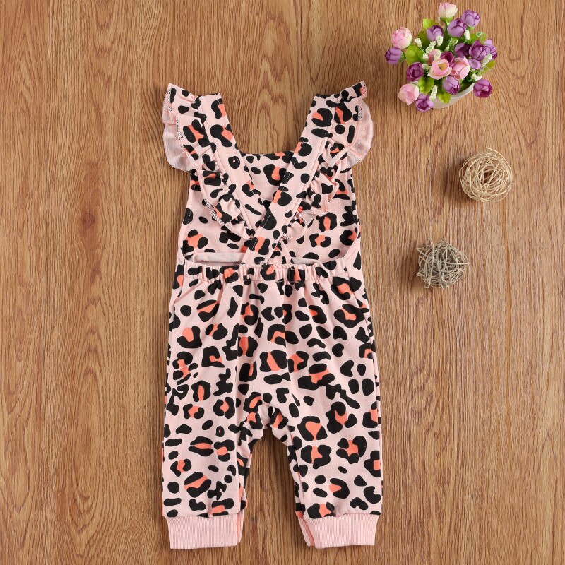 Infantile enfants bébé imprimé léopard combinaison, enfant en bas âge garçon fille sans manches col carré bouton bretelles pantalons longs barboteuse avec poche