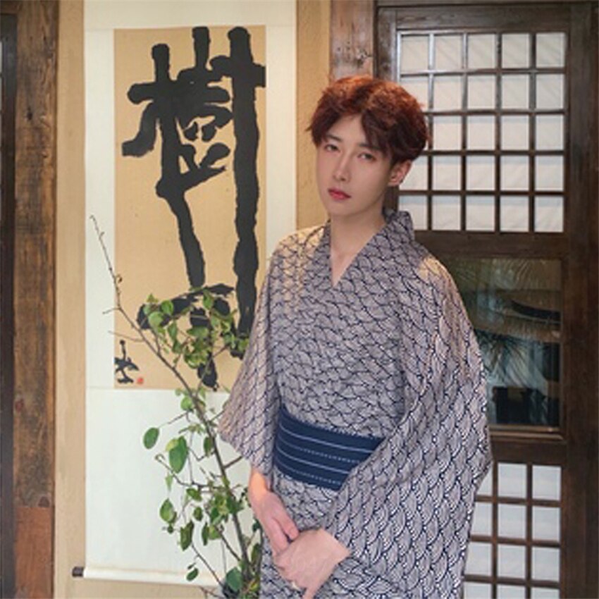Kimono de estilo japonés para Hombre Ropa de estar por casa con estampado de lingote, larga ropa de dormir, pijamas Haori, cárdigan Vintage informal, albornoz