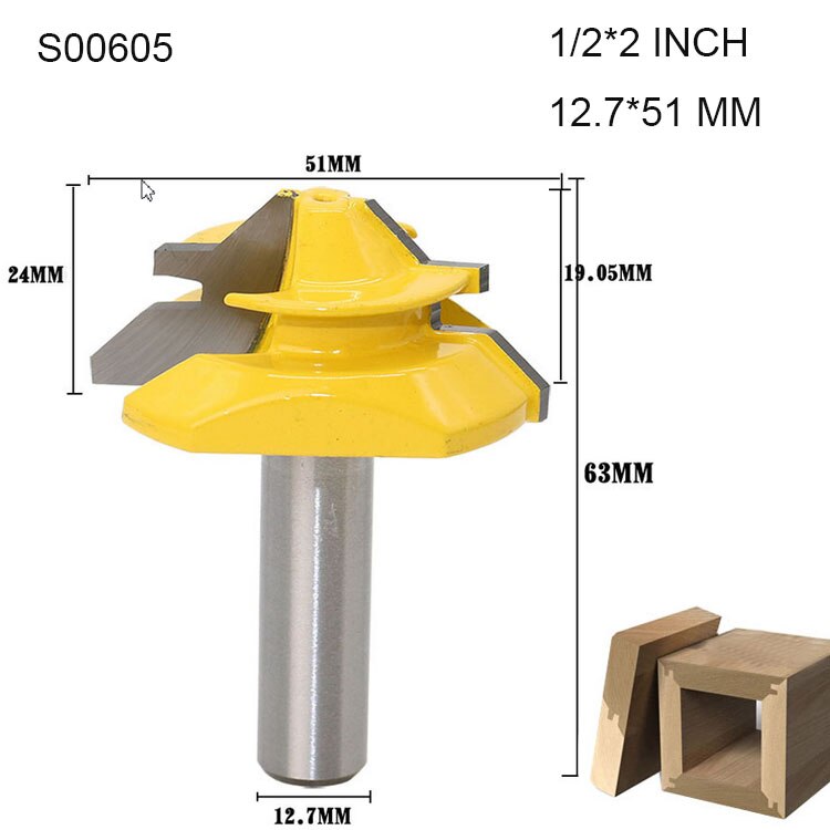 1/2 " 1/4 " 8mm- schachts 45- graden penfrees voor houtverbindingen houtbewerking frees rechte hoek cnc-gereedschapsbit: S00605