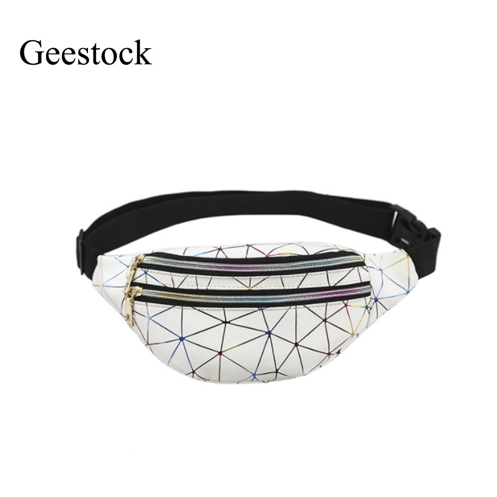 Geestock holografiske talje tasker til kvinder banan kvindelig fanny pack hoftebæltetaske geometriske talje pakker brystposer: Hvid