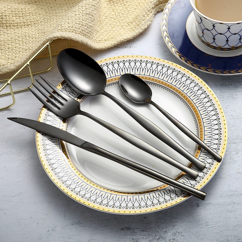 Rustfrit stål bestik sølvtøj ske spisestel sæt mat guld bestik knive gafler skeer spisestel sæt miljøvenligt: Sort 1 sæt
