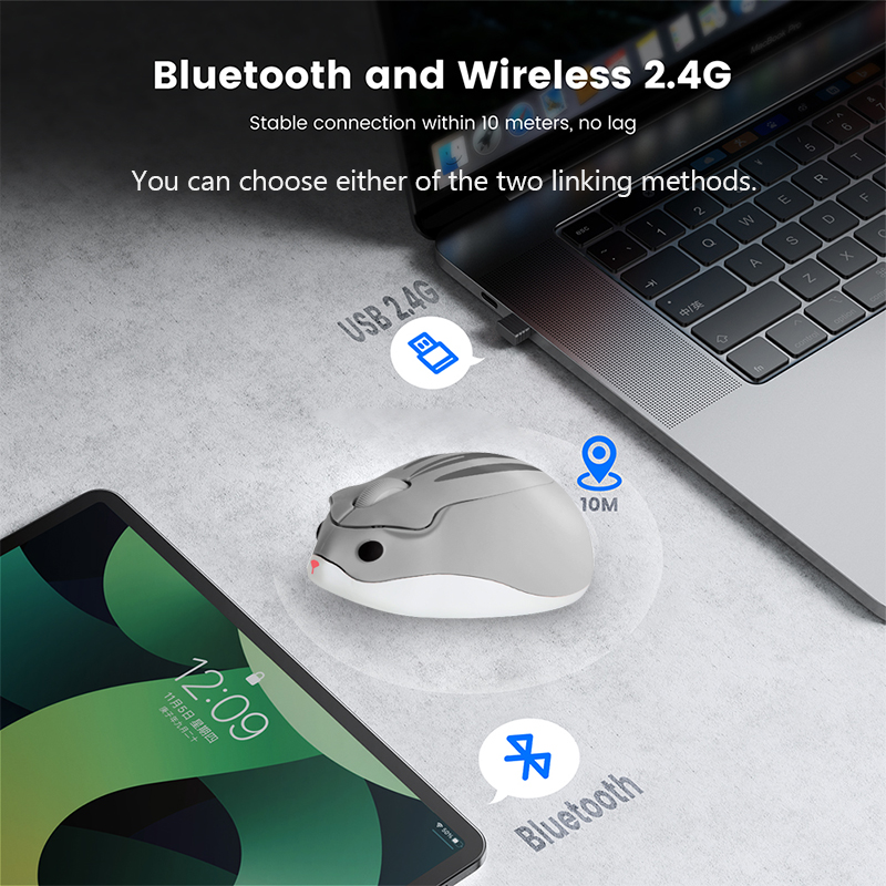 Mini mouse sem fio 3d fofo hamster 2.4g bluetooth modo duplo conectividade bateria de longa duração mudo mouse óptico usb para laptop pc