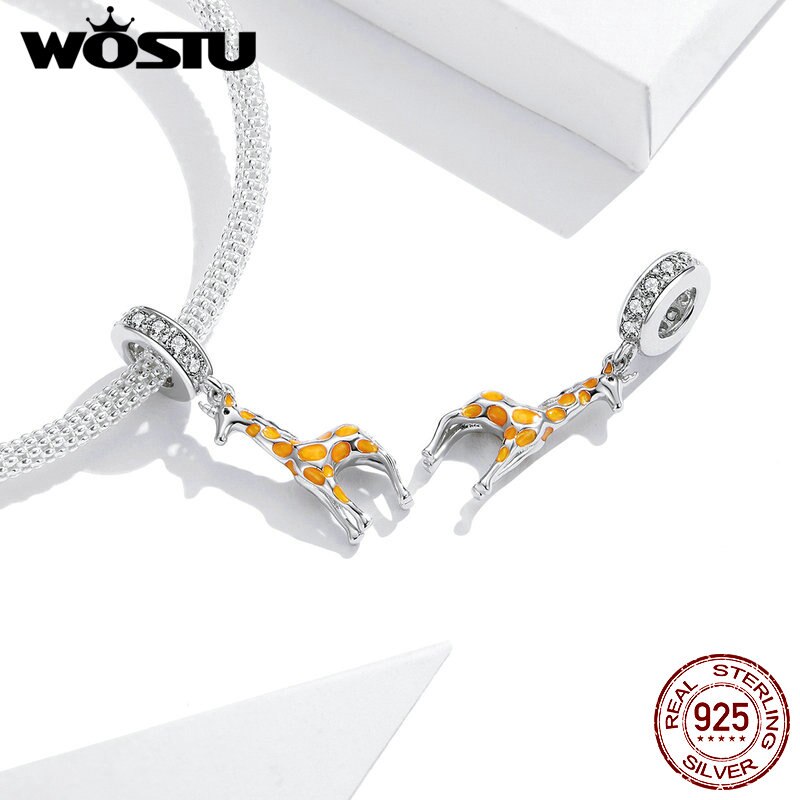 WOSTU Real 925 Sterling Silver Giraffe Dazzling Clip Charms Round Crystal Crown Heart Beads Fit Original Women Bracelet