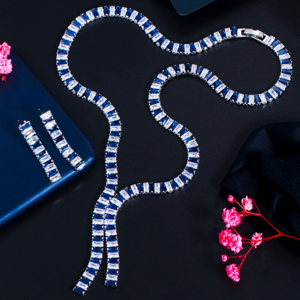 Threegraces Romantische Glanzend Witte Zirconia Vierkante Dangle Oorbellen En Ketting Bruids Bruiloft Sieraden Set Voor Bruiden TZ606: Blue