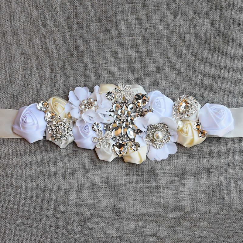 Cinturones de boda de cristal, apliques de flores de satén, banda de diamantes de imitación, accesorios de boda, cinturón de novia: Ivory and White