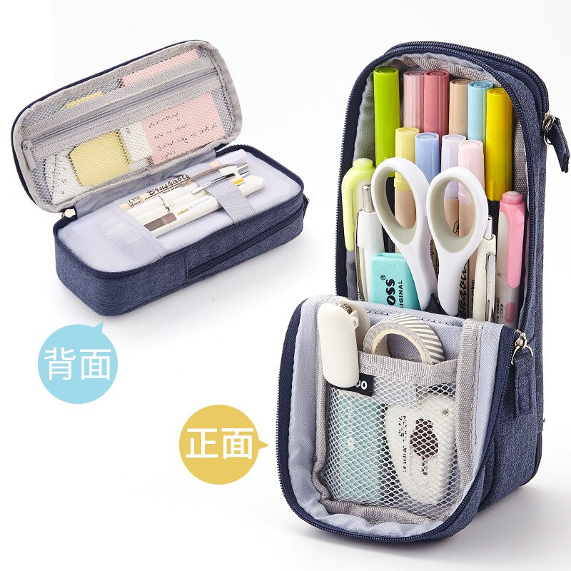 Trousse à stylos coréenne, étui pliable à deux couches, support en tissu pour téléphone, pochette de rangement pour papeterie bureau école: Bleu
