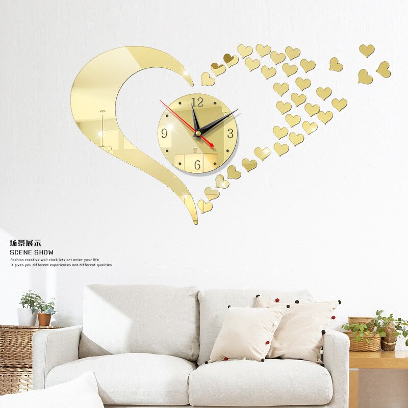 Etiqueta del reloj de pared con corazones encantadores, espejo, arte, pegatinas, reloj, decoración de pared, adorno de pared de salón,