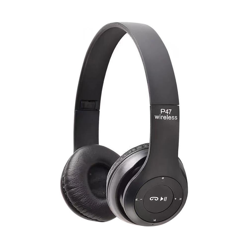 Stereofoniczne słuchawki bezprzewodowe P47 Bluetooth 5.0 składane słuchawki HIFI Bass Kid Girl kask prezent z mikrofonem do telefonu komórkowego: Black