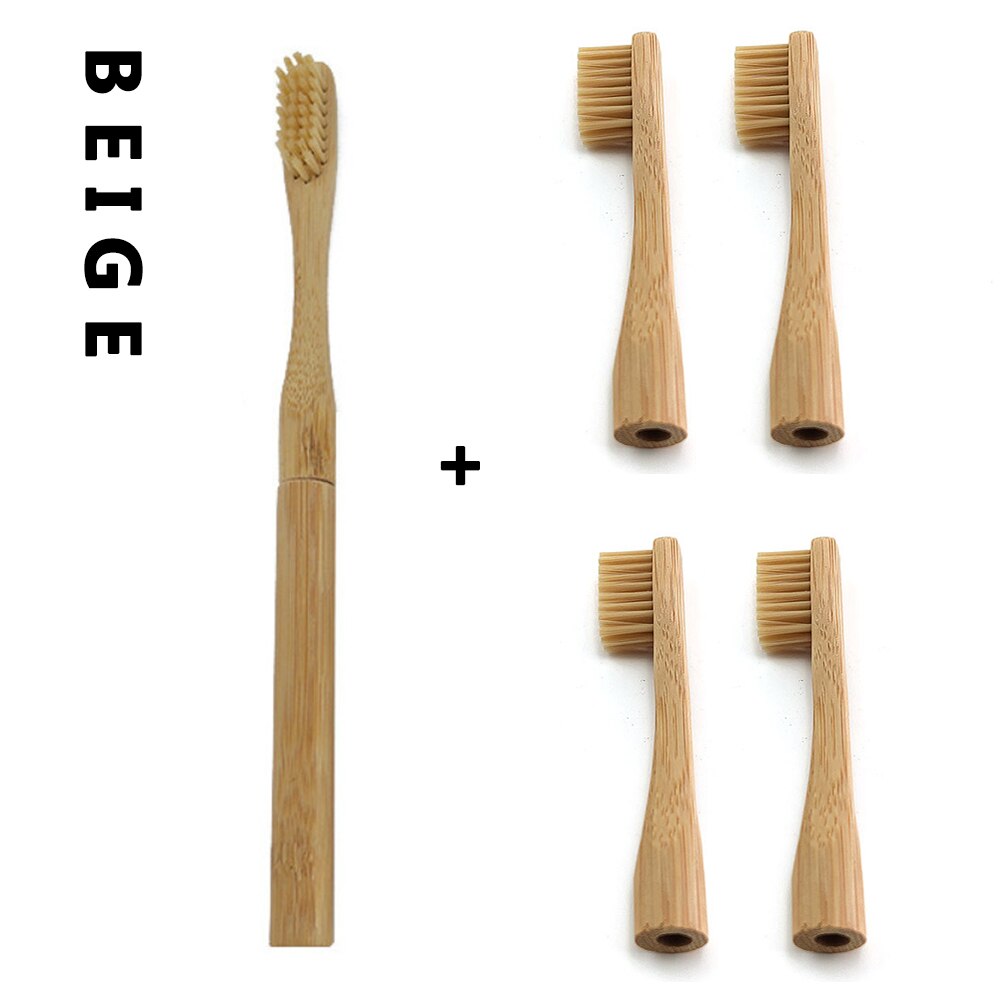 Bamboo Toothbrush with Plug-in Replacement Brush Heads Change Head ToothBush Teeth Care Cleaning Brushes for Travel Living Bath: 1pcs Beige 4 Head
