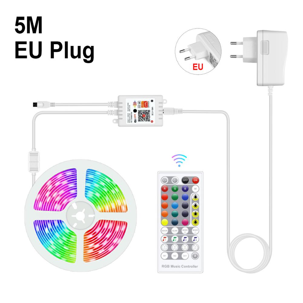 Wifi tuya smart musik led strip lys tv baggrundsbelysningssæt med alexa google home 5050 rgb dæmpbar 5m 10m 15m dc 12v stemmestyring: 5m sæt med eu-stik