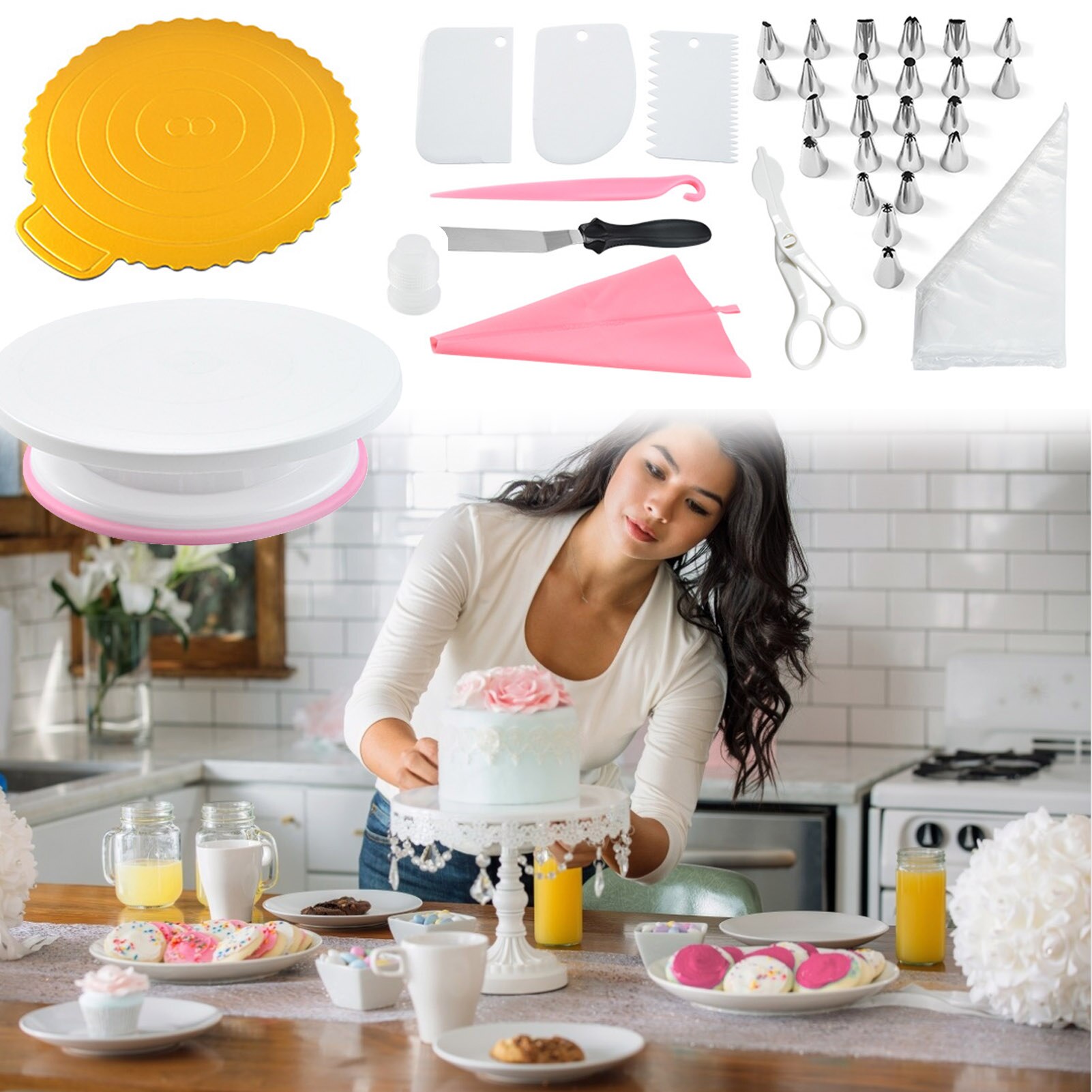 DIY Cake Turntable Set Decorating Pastry Baking 35 Pieces Mould Piping Nozzle Rotary Table Bakeware Confectionery Accessories
