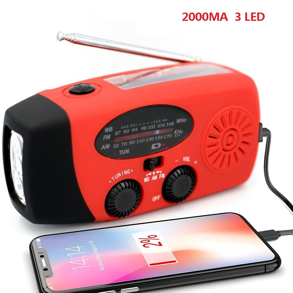 Emergency Radio Bluetooth Speaker Portable Solar Radio Hand Crank Fm/Am SOS Alarm 5000mAH Power Bank: 2000mAh Red