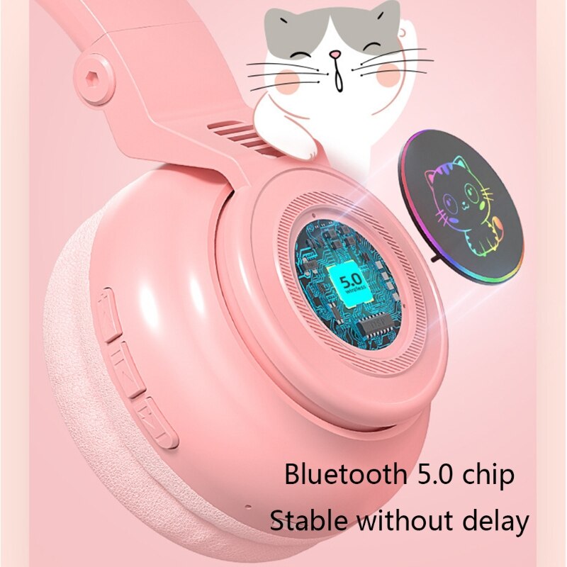 Bluetooth Headphones Cat Ear LED Light Up Wireless Foldable Headphones Over Ear Volume Control for Smartphones Laptop PC