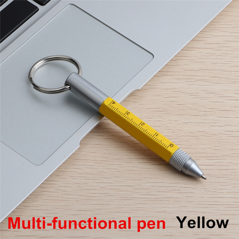 Genkky caneta esferográfica multifuncional, mini caneta esferográfica multifuncional de metal, com ponta esferográfica, jogo de régua, fivelas chaveiro com tinta preta e azul: Yellow With Bk Ink