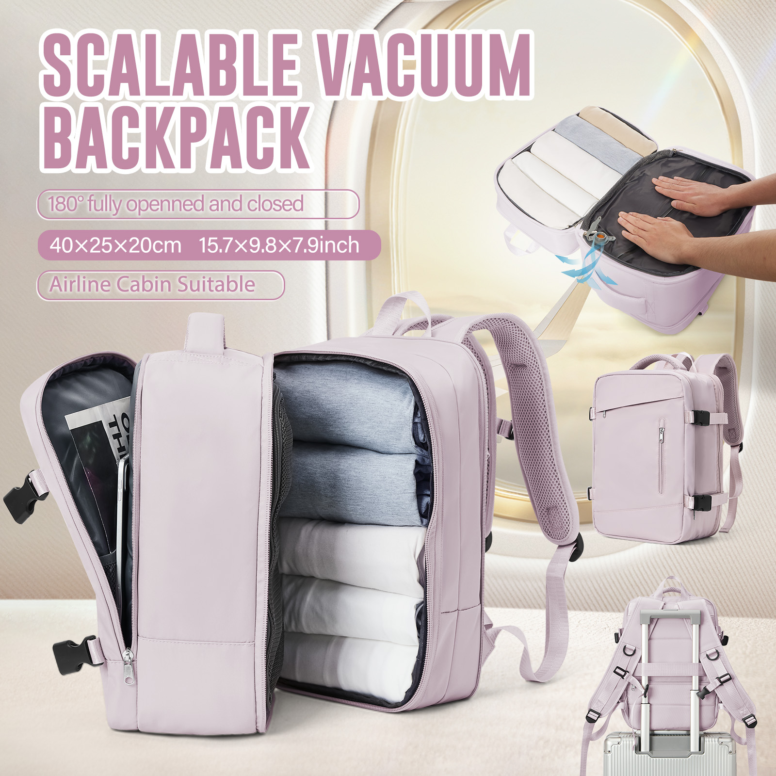 Grote reisrugzak Vacuümcompressierugzak voor dames Reizen Carry on Business Day, Ryanair-rugzak 40x20x25 reistas: Roze