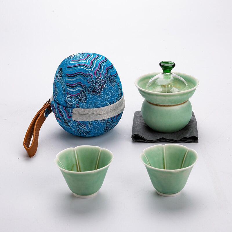 Tangpin grønne keramiske tekanner gaiwan med 2 kopper bærbare reise te sett drinkware: Stil b