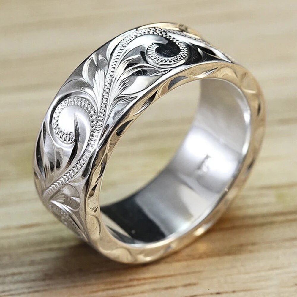 Huitan Trendy Engraved Flower Leaf Pattern Women Wedding Band Rings Romantic Accessories for Lover Versatile Jewelry