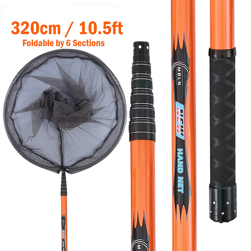 Red de pesca extensible liviana de 6 secciones, longitud de 60-280 cm, 40 cm de diámetro de malla
