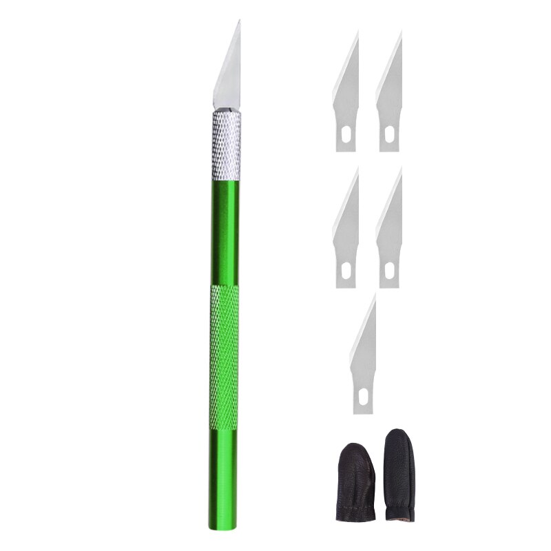 MIUSIE Engraving Cutter With 5pcs Blades And 2pcs Finger Protectors Metal Handle Leather Carving Sculpture Non-Slip Safety Knife: green