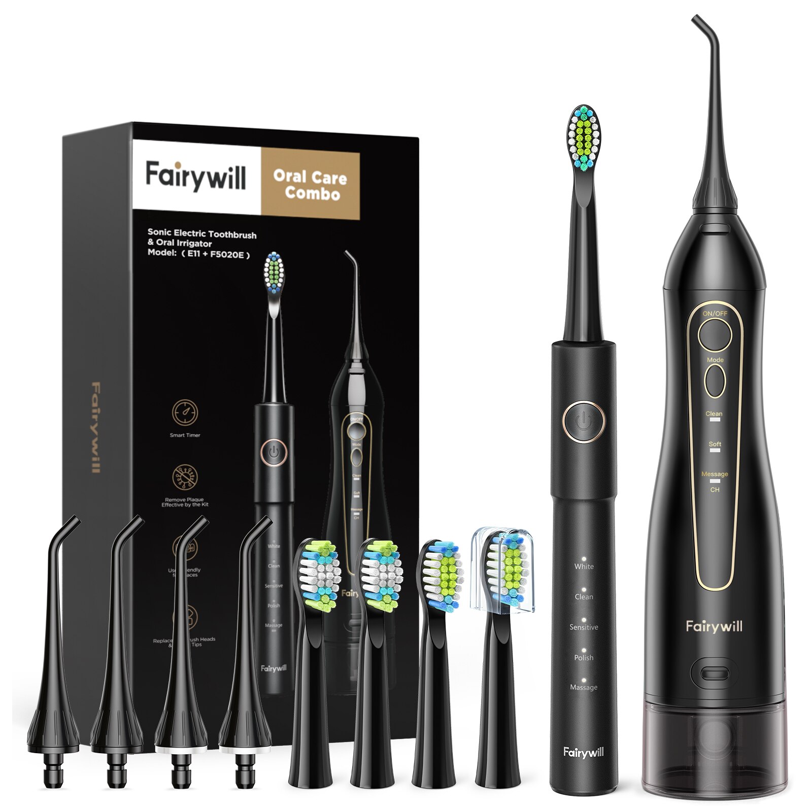 Fairywill Elektrische Schall- Zahnbürste &Ampere; Wasser Flosser USB Ladung Wasserdichte 5 Modi 3 Pinsel Köpfe Zahnbürsten Zähne Reiniger: 5020E-E11