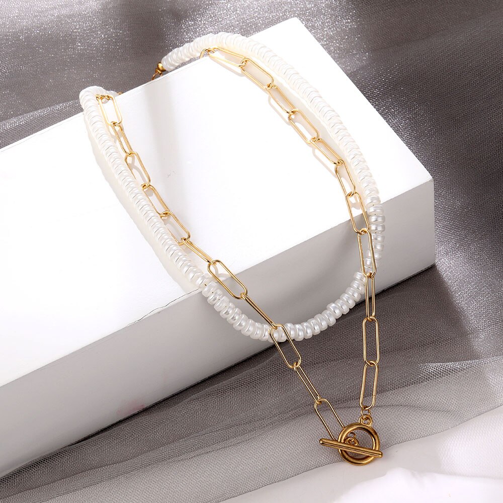 VKME Multi-layered pearl Aluminium chain Necklace For Women Chokers Necklaces Jewelry Party