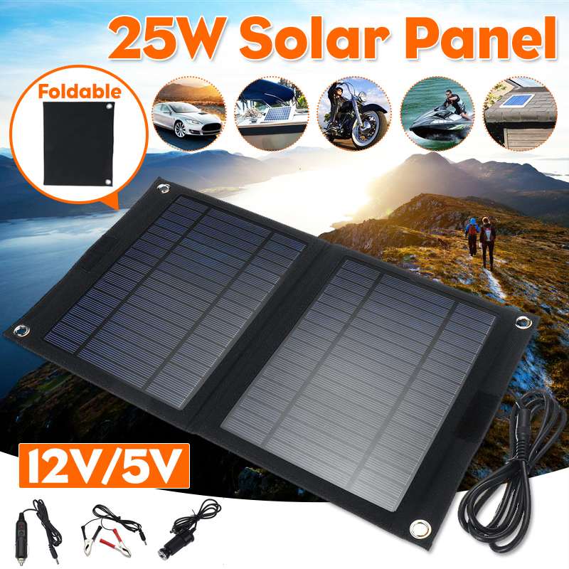25W Solar Panel Portable Folding Foldable Waterproof Dual Output 12V/5V USB Solar Panel Charger Power Bank