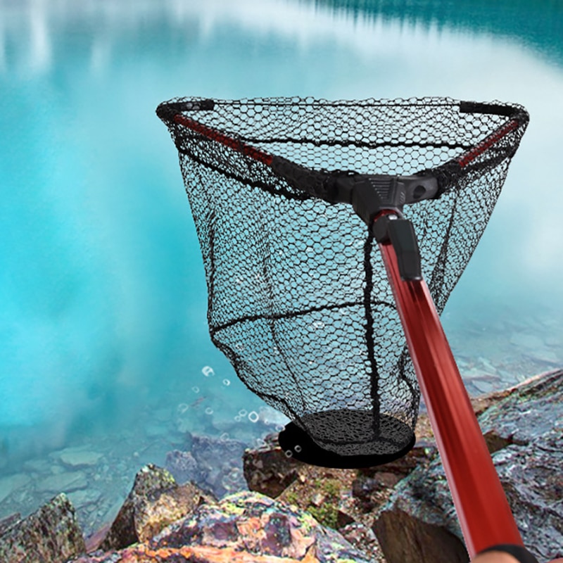 Fishing Net Retractable Folding Fishing Brail Blue Soft Rubber Landing Net Eva Handle Fishing Nets Tools Fish Nets Accessories