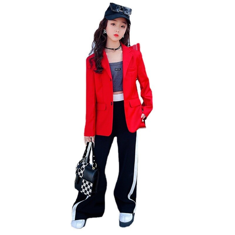 Teenage Girls Red Blazers Spring Autumn Long Sleeve Jacket for Children Loose Casual Streetwear Cool Girls Kids Outwear