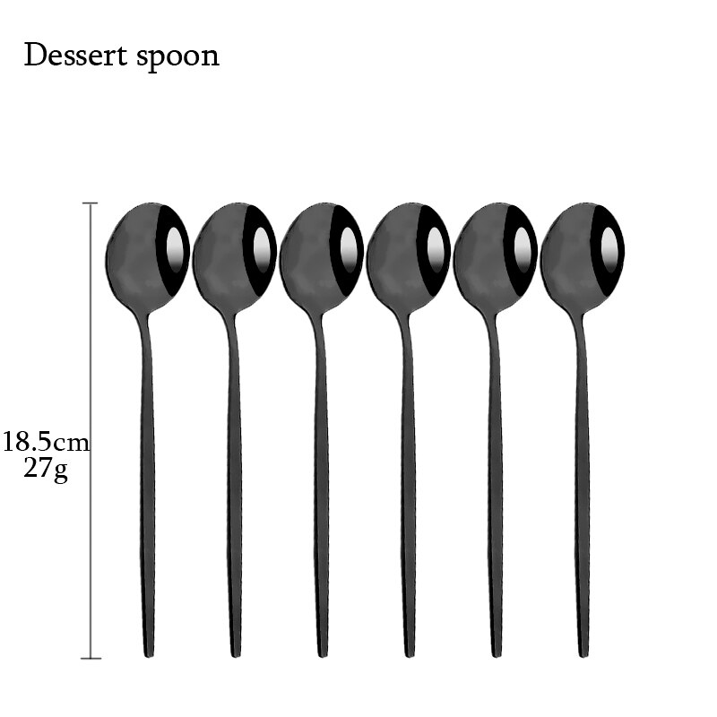 Knife Dessert Fork Long Handle Spoon Chopsticks Dinnerware Stainless Steel Black Flatware Cutlery Set Tableware Silverware Set: Dessert spoon 6p