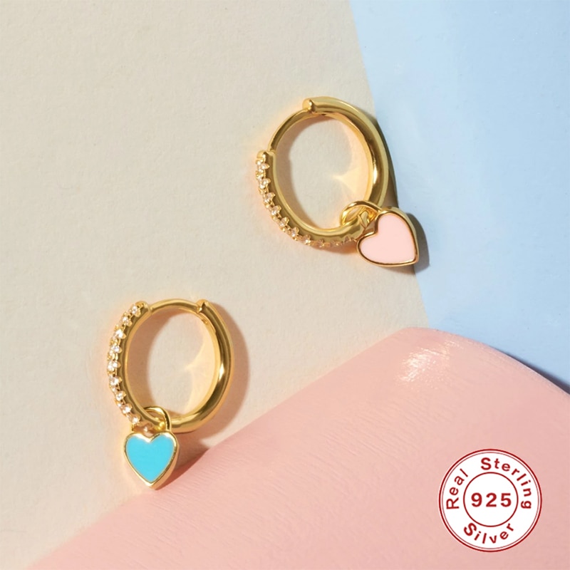 GS 925 Sterling Silver Hoop Earrings With Cute Candy Neon Color Enamel Heart Charm Earring Gold Silver Color For Girls