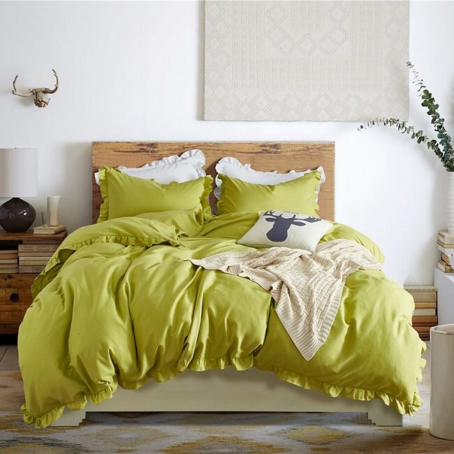 Romantische Roze Beddengoed Set Elegante Ruches Rand Dekbedovertrek Set 2/3 stks Bed Linnen Dekbedovertrek Twin Queen koning Bruiloft Decoratie: green / US Queen  3pcs