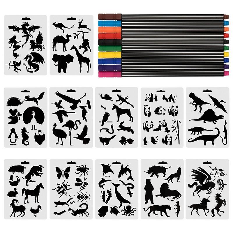 Animal Stencils Set 12 Pcs with 10 Fineliner Color Pen Plastic Drawing Painting Templates Scrapbooking Kids DIY Crafts Featu: Default Title