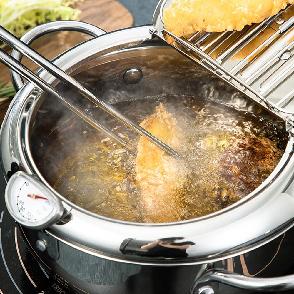 Deep Frying Pot Thermometre Tempura Fryer Pan Temperature Control Fried Chicken Pot Cooking Tools 304 Stainless Steel Fryer