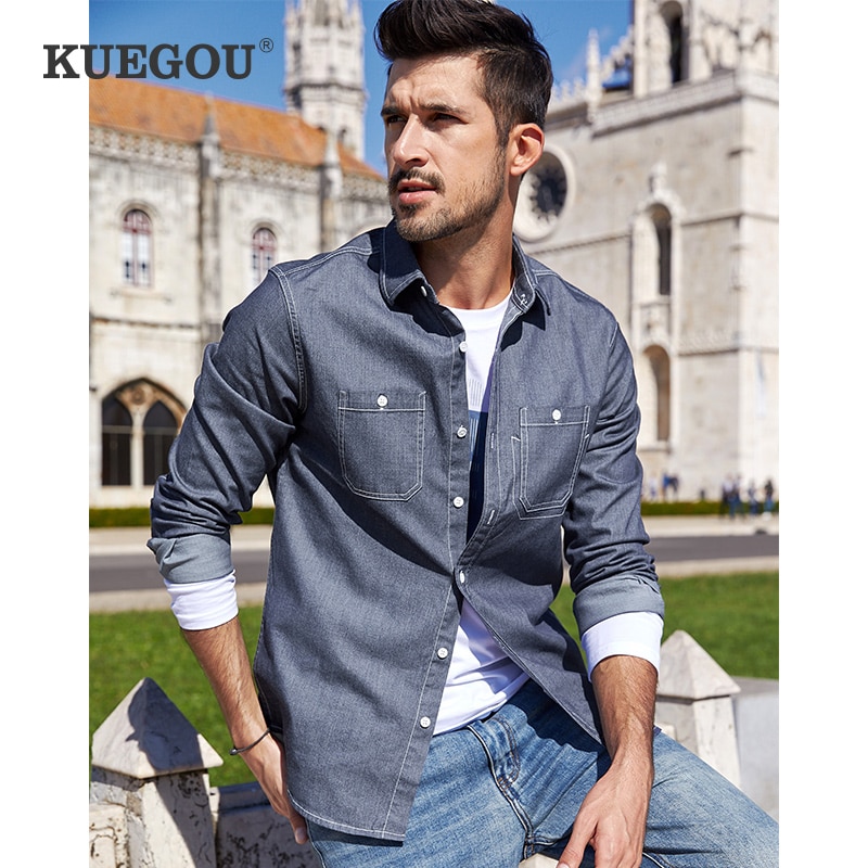 KUEGOU Autumn Cotton Letter Blue Shirt Men Dress Button Casual Slim Fit Long Sleeve For Male Brand Plus Size Clothing 6957