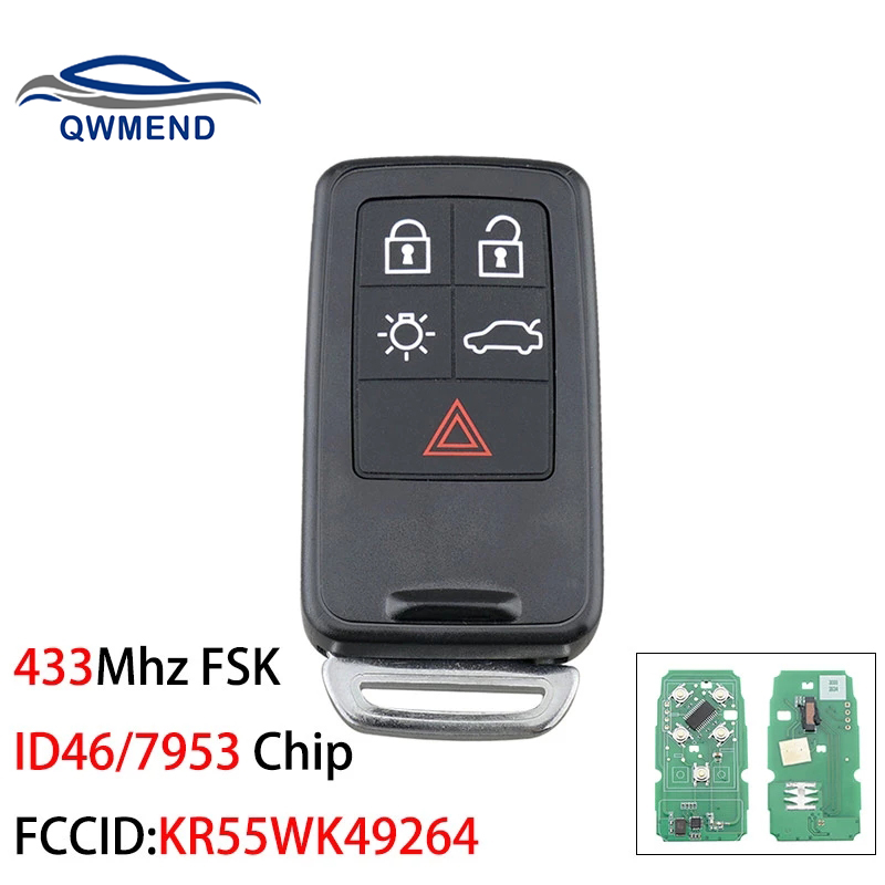 QWMEND KR55WK49264 Clever Auto Schlüssel für Volvo XC60 S60 S60L V40 V60 S80 XC70 KYDZ 5 Tasten 433Mhz FSK Ich würde46/7953 Chip: Default Title