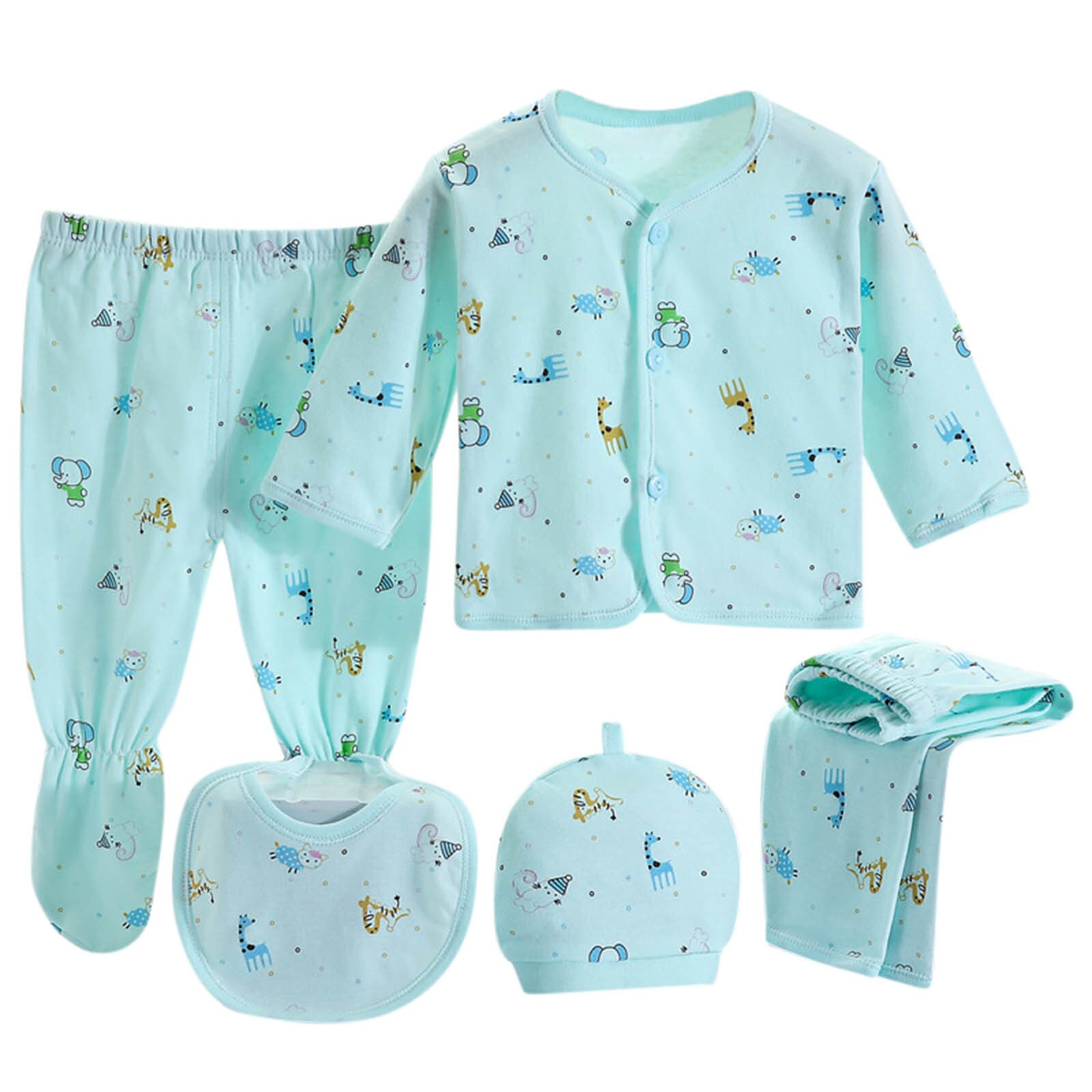 5Pcs Peuter Baby Slppwear Sets Pasgeboren Jongens Meisjes Cartoon Lange Mouwen Tops + Hoed + Broek + Bib Outfits set Zuigelingen Kleding Nachtkleding: Blue -2