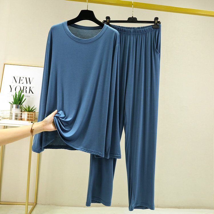 Pijamas modales de manga larga para hombre, ropa de dormir de talla grande 5XL 6XL, para el hogar, primavera y verano, 2022: Ink Blue Sets / 4XL(50-70kg)
