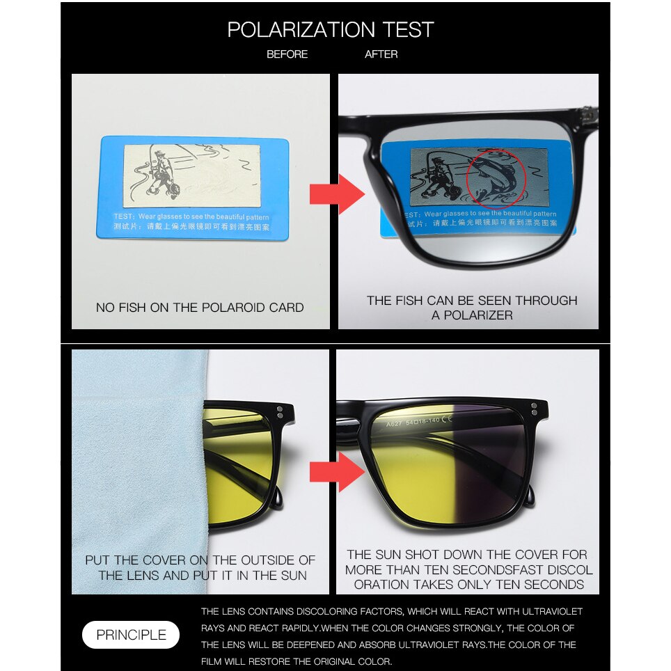 Mænds nattesyn polariserede fotokromiske briller, firkantede solbriller med farveskiftende solbriller  s193