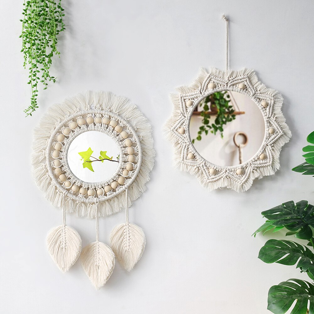 Espejo redondo decorativo de macramé para pared, decoración Bohemia para el hogar, maquillaje estético para sala de estar, dormitorio, de Navidad y boda