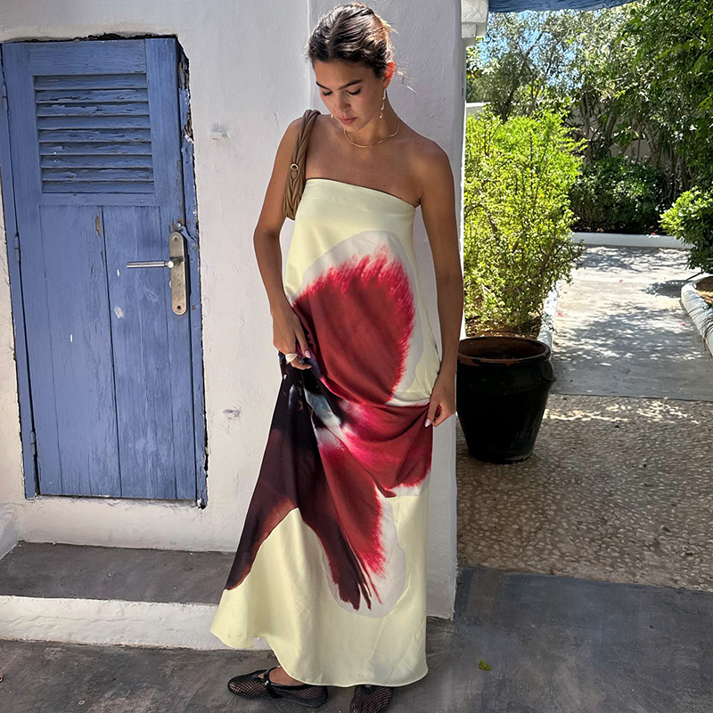 CUTENOVA Sexy Strapless Print Bloemenriem Dames Maxi Jurk Geel Backless Hoge Taille Jurken Zomervakantie Elegante Strandkleding