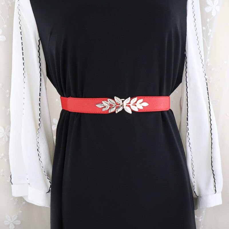 Cinturones anchos para mujer, corsé de cuero PU para adelgazar la cintura, cinturones de cuerpo, cintura elástica ajustable, faja para vestido: leaf red belt