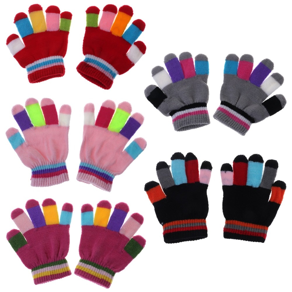 Guantes de dedo completo para niños y niñas, 1 par, cálido, de invierno, raya colorida, de punto, sólido, elástico, multicolor