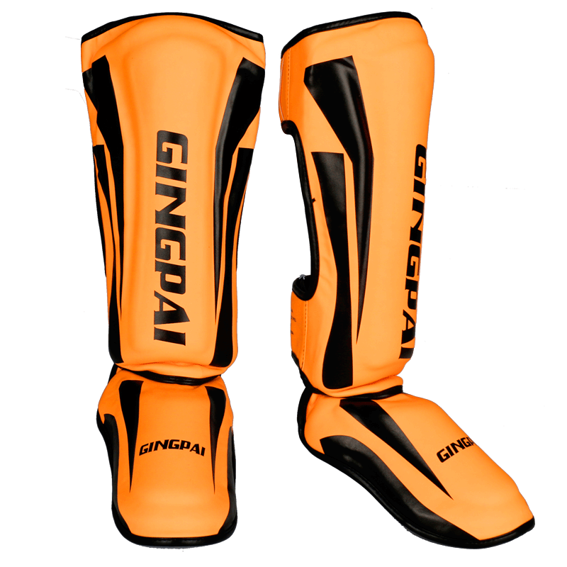 Ungdom/voksen pu læder muay thai kickboksning mma grappling vrist skinnebensbeskyttere karate fodskaft benbeskyttere ankelstøtte: Orange / L