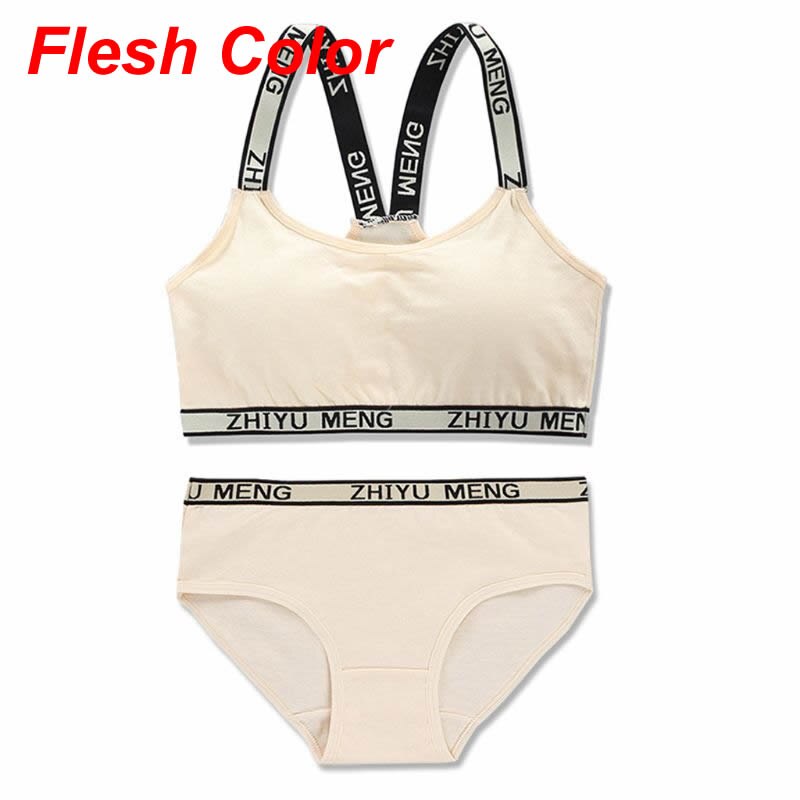 Teen Girls Underwear Soft Padded Cotton Letter Print Bra Set for Young Girls for Yoga Sports Running Free Size: Flesh Color