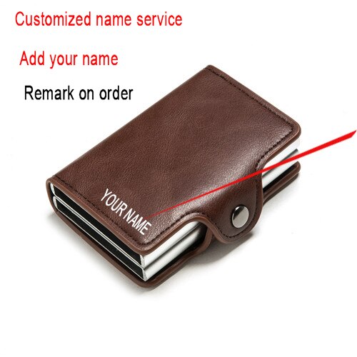 Rfid Blocking Bescherming Leather Wallet Id Credit Card Houder Met 2 Metalen Aluminium Business Bank Card Case Voor 14 Kaarten: Coffee (add Name )