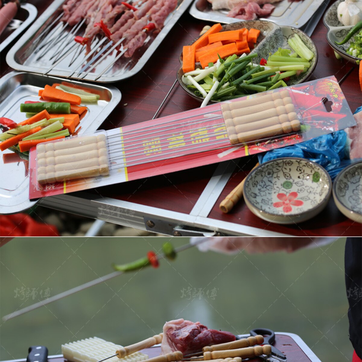 12 stk / sæt genanvendeligt rustfrit stål grillspyd træhåndtag bbq nålepind til udendørs camping picnic madlavningsværktøjer