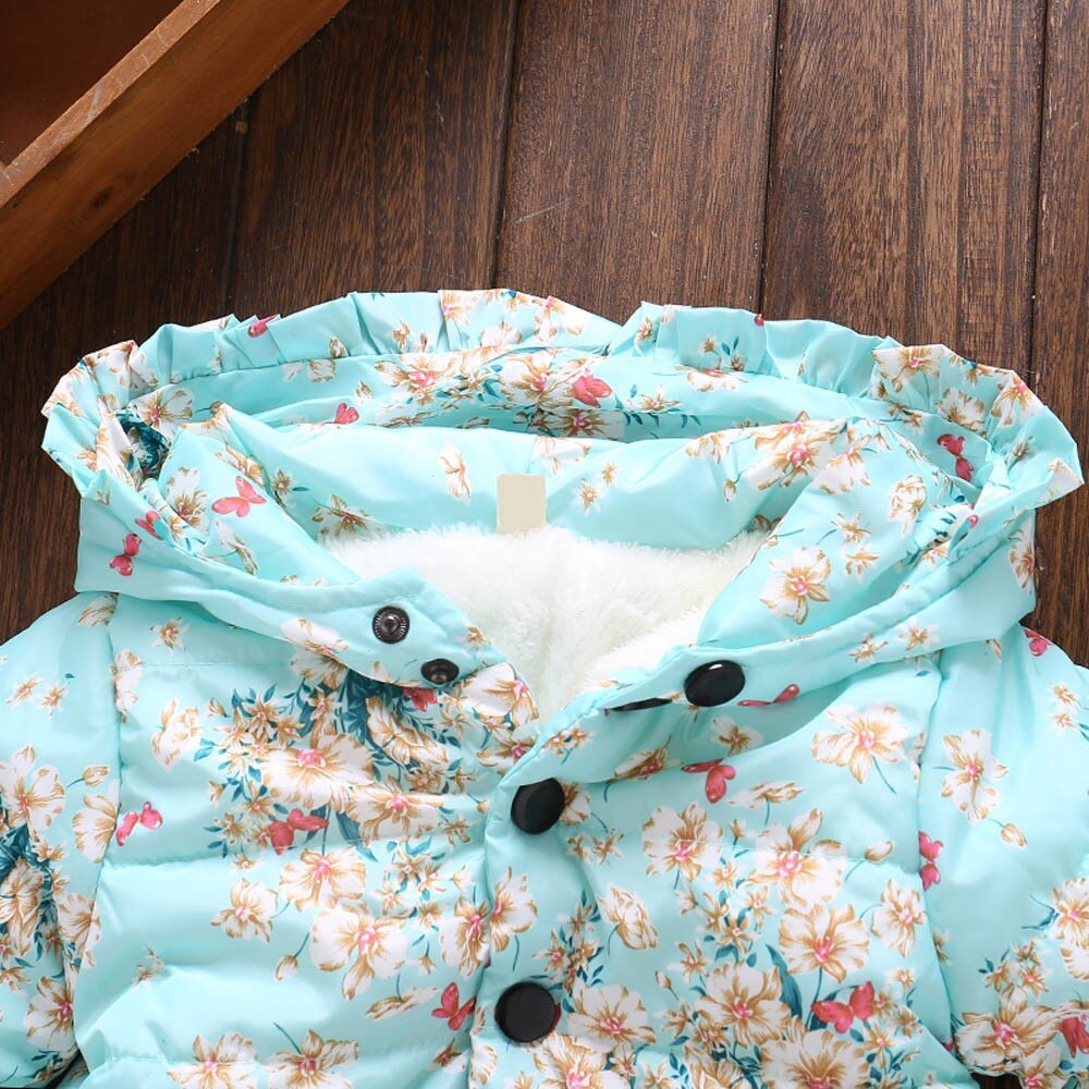 Baby Girl Boy Plus Fur Warm Jacket Toddler Floral Print Winter Warm Jacket Hooded Windproof Coat Baby's Thickened Cotton Padded