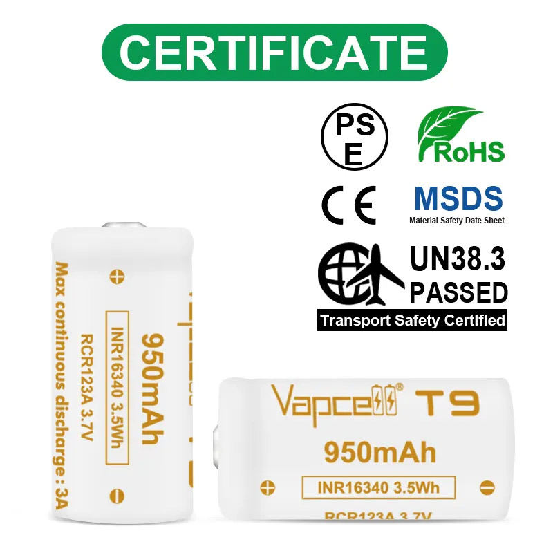 Højkapacitets vapcell  t9 inr 16340 batteri 950 mah 3a 3.7v knap top genopladeligt batteri udskifter rcr 123a celler til lommelygte